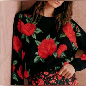 NWOT Sézane Adolie Jumper Red Roses | Organic Cotton Merino Wool | Size L Luxury